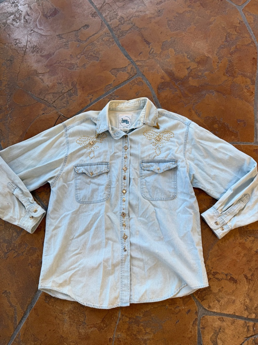 Vintage ZoneBlu Studded Western Denim Button-Up Shirt Blue Pockets Long Sleeve M